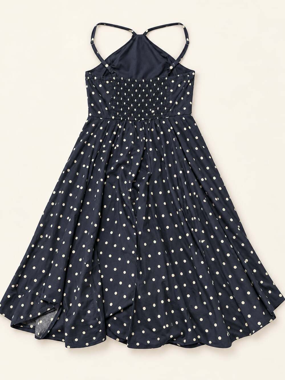 Venus Polka Dot Halter Midi Dress Size 6 Navy Blue Smocked Back